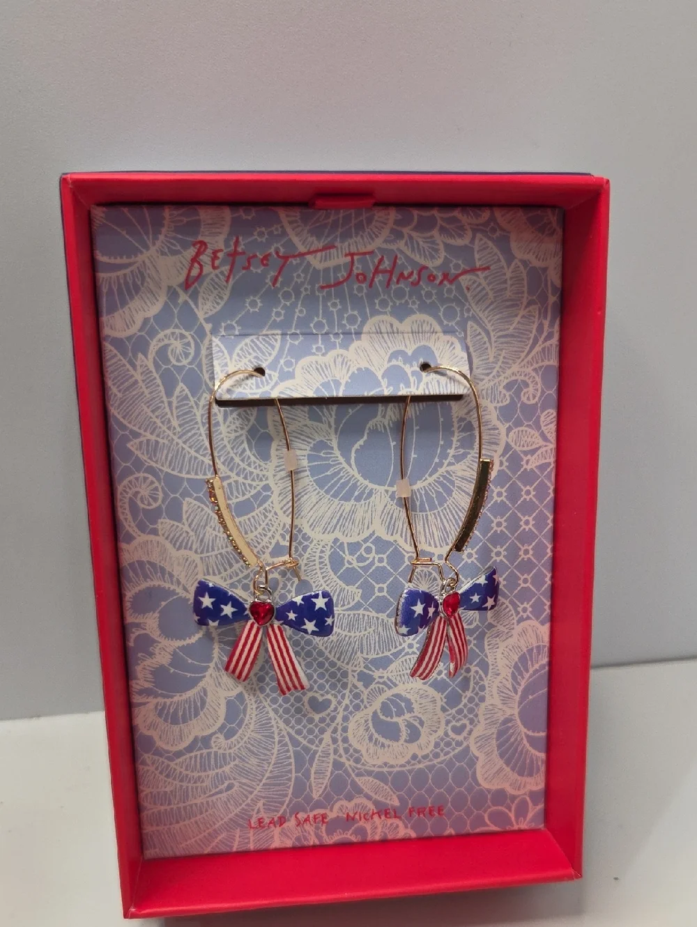 💙▪️Betsey Johnson ▪️Americana Patriotic Bow  Shephard Hook Drop Earring